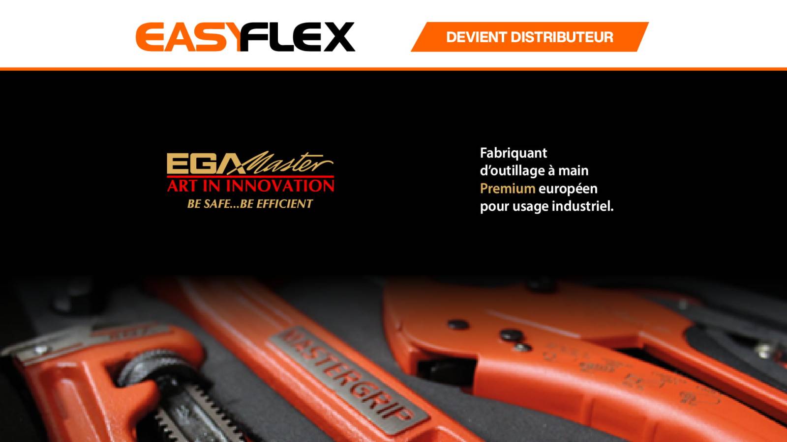 Visuel du partenariat entre Easyflex et EGA MASTER, mettant en avant l’élargissement de la gamme d’outillage industriel et les solutions innovantes pour les secteurs hydrauliques et industriels.